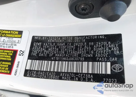 2018 Toyota Camry Se z USA, uszkodzony, nr VIN 4T1B11HK0JU630799